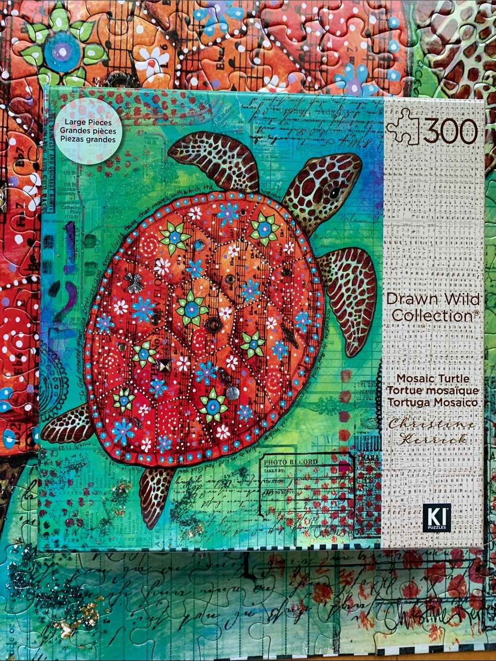 3/25$ Drawn Wild Collection Mosaic Turtle Puzzle - Red & Turquoise 300